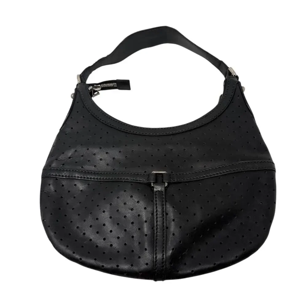 Gucci Reins Vintage Interlocking GG Perforated Leather Black Hobo Bag Purse
